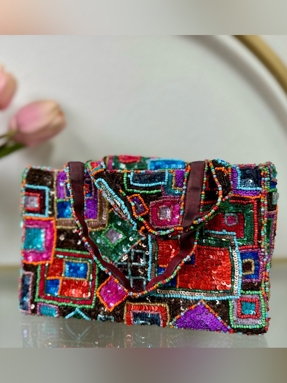 Pierre Urbach by Santi Vintage Beaded Sequin Silk Evening Bag Multicolor Art Bag